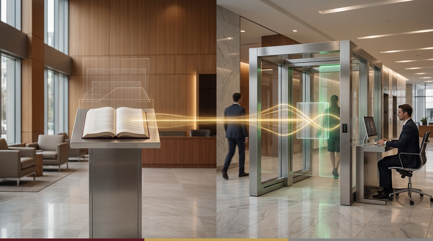 A governance framework connected by a beam of light to a validation gateway, where each change is checked and approved before it acts