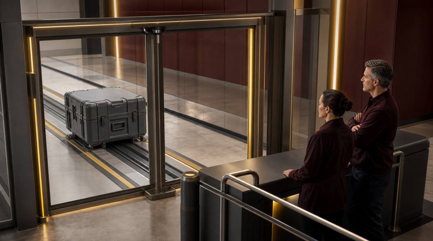 Two enterprise reviewers hold an unattended equipment case behind a closed independent validation gate