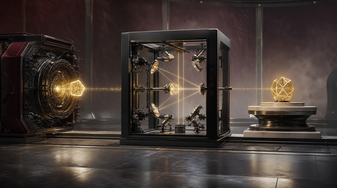 An AI-generated research artifact passes through an independent optical validation chamber before becoming approved evidence