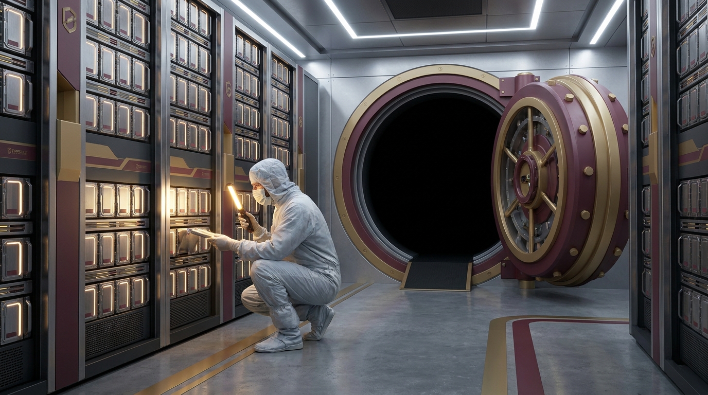 A massive gleaming bank vault door stands open in a dark underground chamber while a technician inspects rows of illuminated storage drives inside