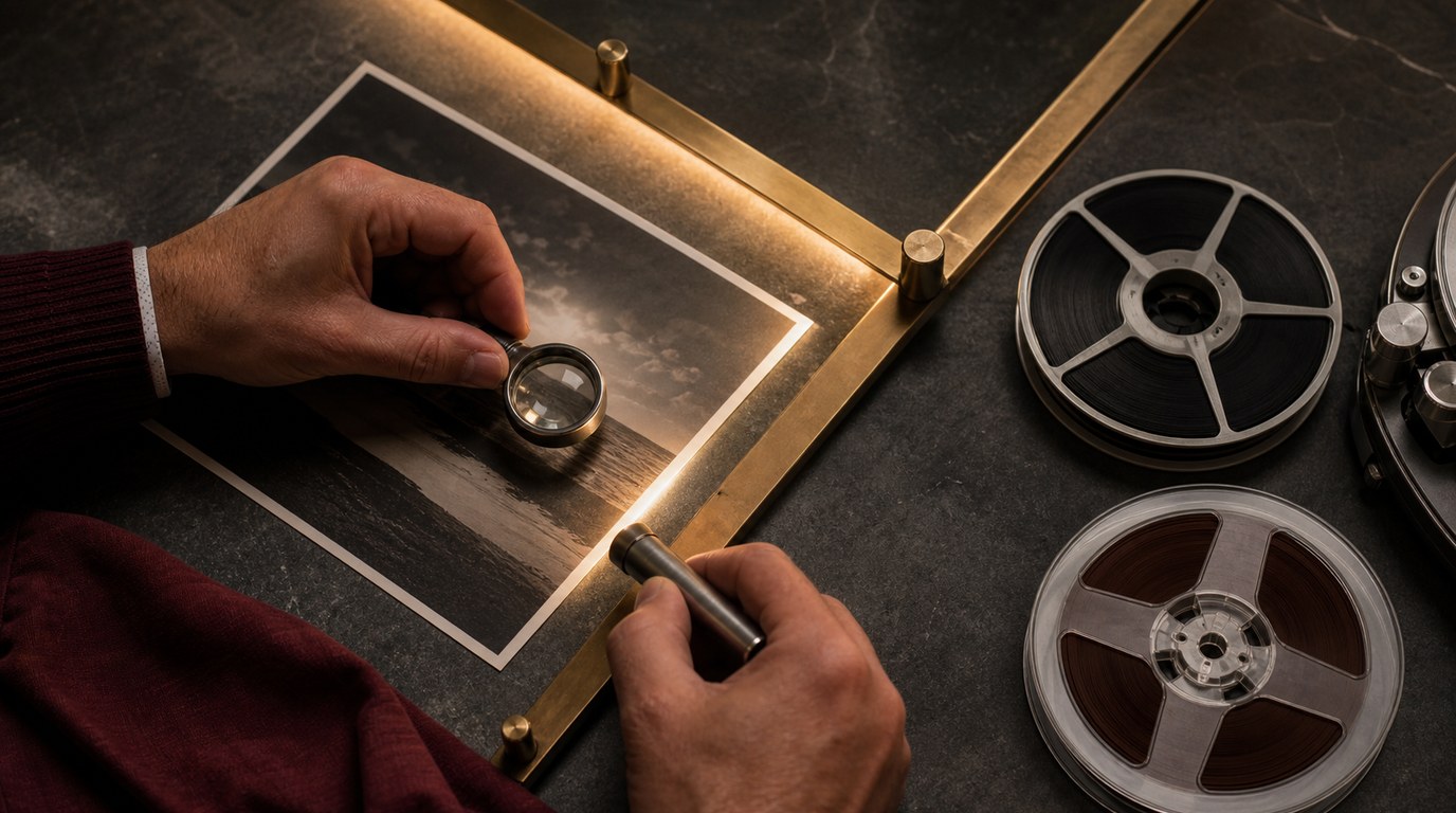 A human reviewer uses a loupe and forensic light to inspect photographic, film, and audio media at a brass validation boundary