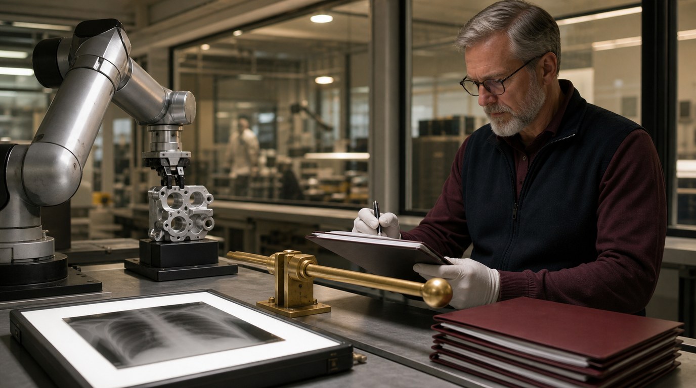An independent reviewer inspects an industrial robot, medical image, and candidate files at a physical validation gate