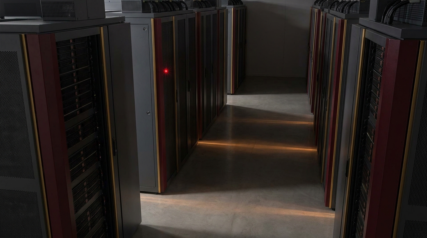 A dark, empty server aisle in a modern data center with a single red status light, conveying infrastructure switched off by order rather than by failure