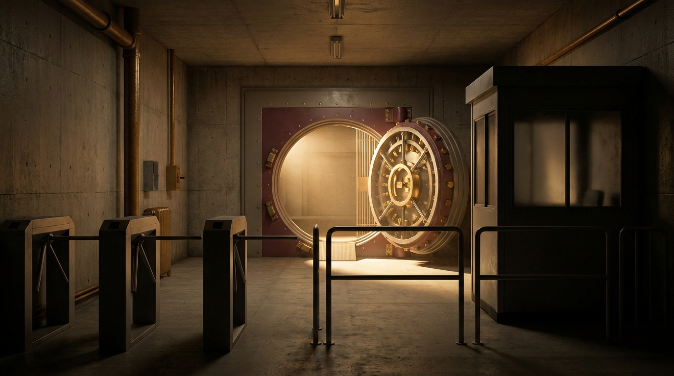 A massive open vault door standing alone in a dark corridor with light pouring through the unguarded opening