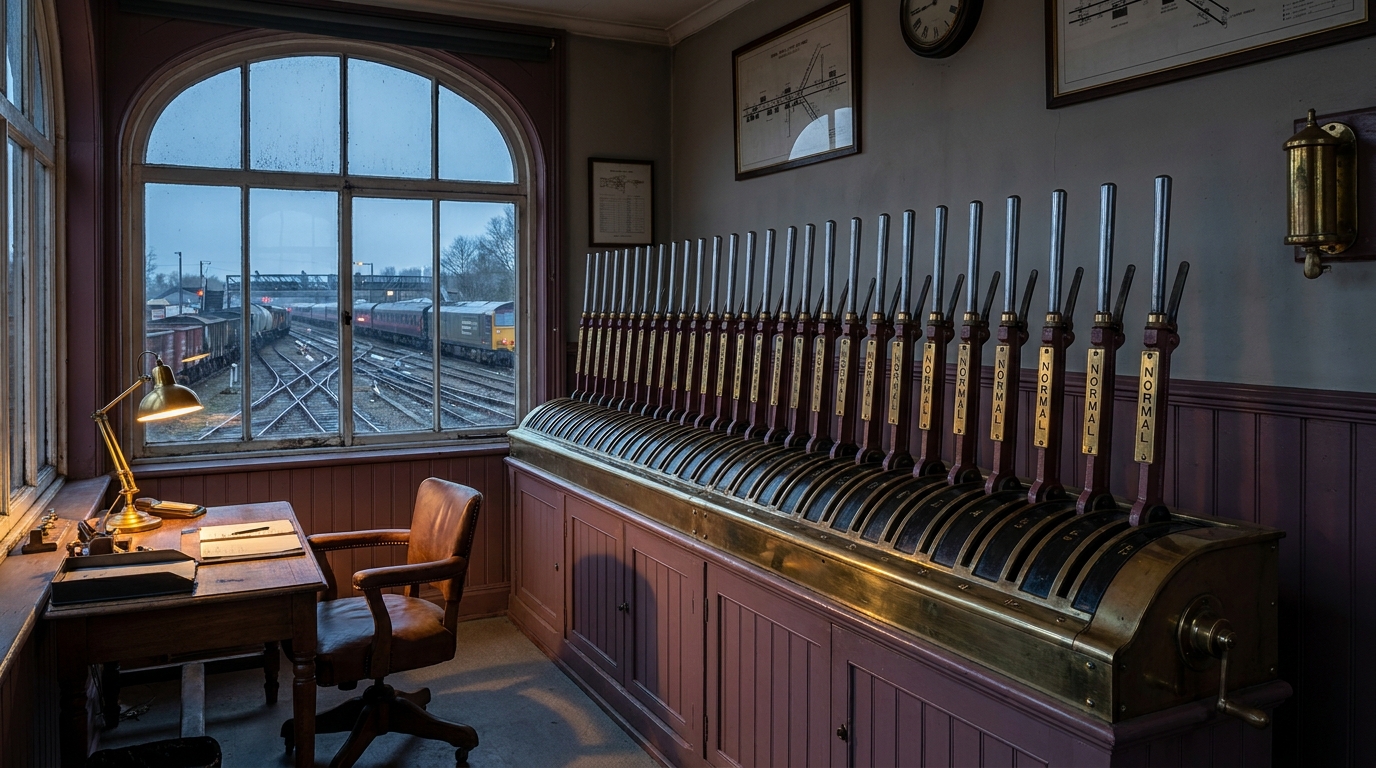 A long row of railway switch levers standing unattended in a control yard at dusk while trains stream past on every track