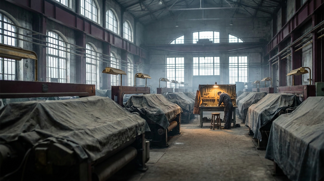 A wide industrial hall filled with rows of identical shrouded machines gathering dust, with a single brightly lit workbench in use at the far end