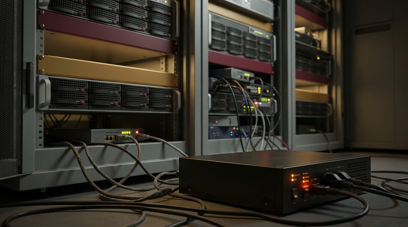A dark server room at night where dozens of small unlabeled devices with glowing lights are plugged haphazardly into racks among the official equipment
