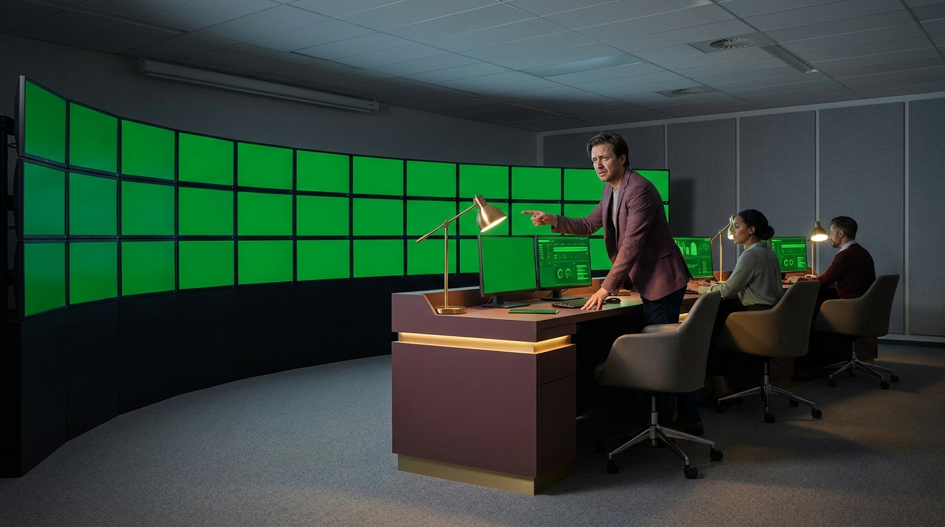 A launch control room where every status light glows green while one operator points at a wall of monitors in concern
