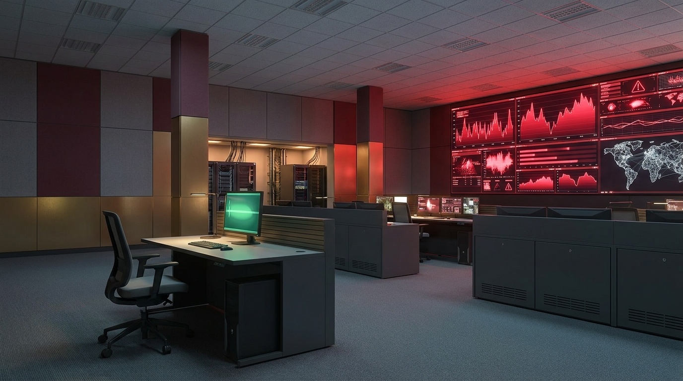 A dark network operations center where every wall screen shows red alerts while a single unattended terminal in the foreground displays a pending change awaiting approval